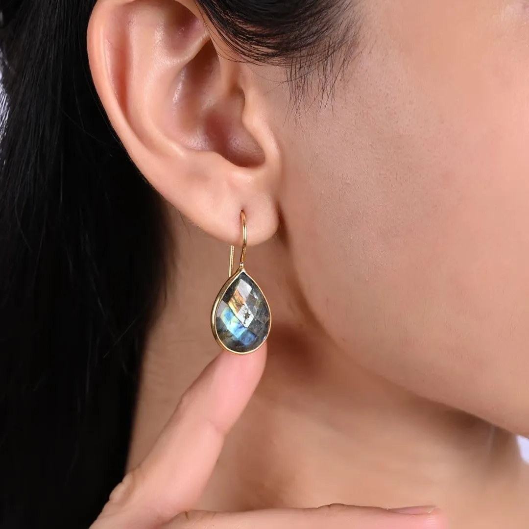 Gempires Pear Shaped Teardrop Crystal Earrings, Bezel Earring, Natural Gemstone Dangle Drop Earrings, Minimal, Everyday Wear, Gift for Her (Length 1.25 inch)