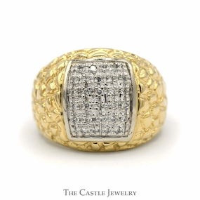 Men's Rectangular Diamond Cluster Ring in 14k Yellow Gold Nugget Designed Mounting Sleek Design