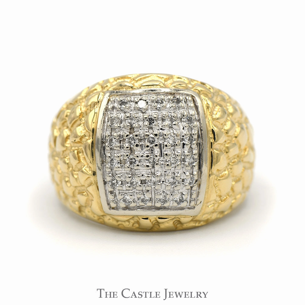 Men's Rectangular Diamond Cluster Ring in 14k Yellow Gold Nugget Designed Mounting Sleek Design