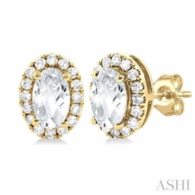 Sophisticated Spark 5x3 MM Oval Shape White Topaz and 1/8 Ctw Single Cut Diamond Halo Semi-Precious Stud Earrings in 10K Yellow Gold