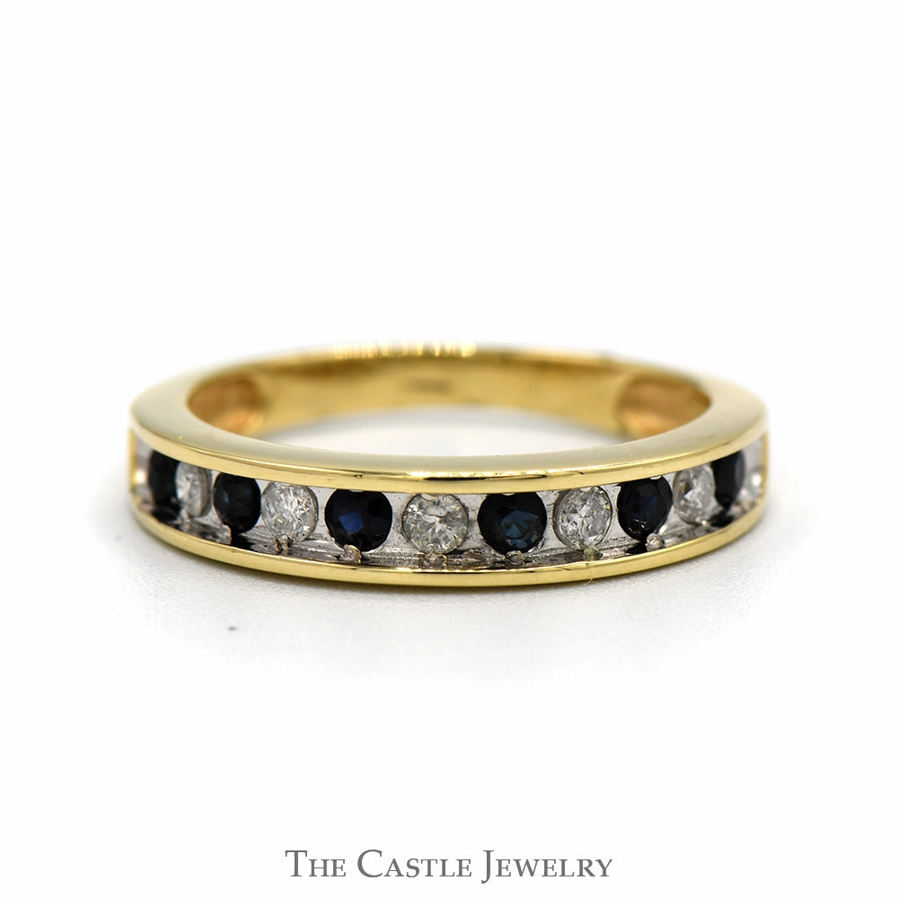 Value Decoration Gift Under 100 Alternating Diamond & Sapphire Wedding Band in 10k Yellow Gold