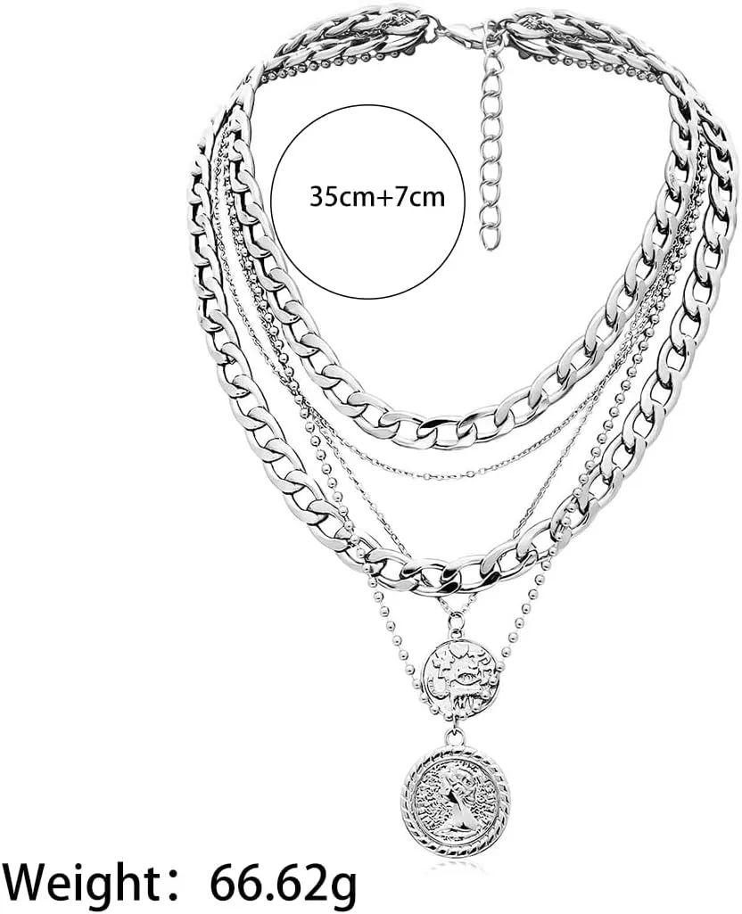 GIGB PBDK Layered Gold Coin Pendant Necklaces for Women Lover,Chunky Cuban Link Chain Choker Necklaces Retro Stackable Silver Necklaces Jewelry Gifts