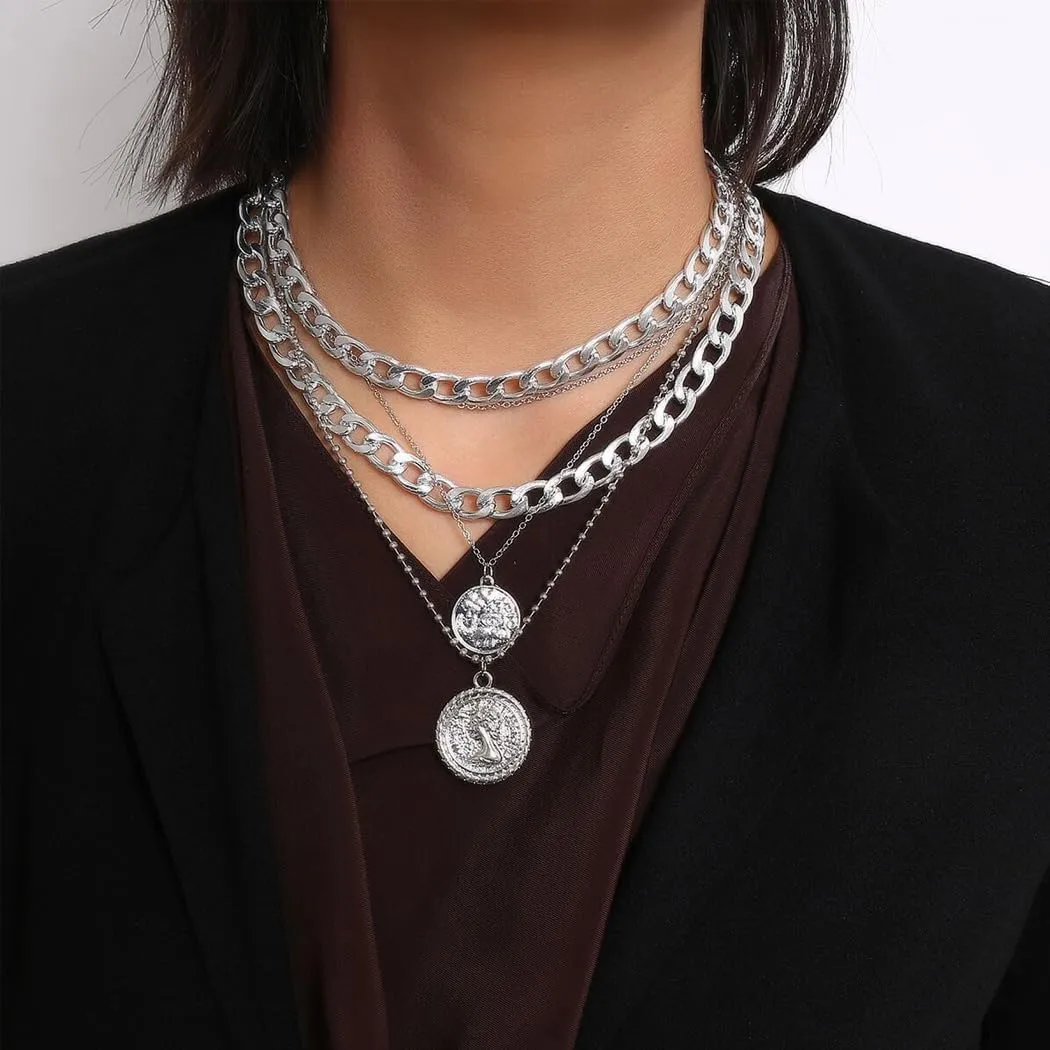 GIGB PBDK Layered Gold Coin Pendant Necklaces for Women Lover,Chunky Cuban Link Chain Choker Necklaces Retro Stackable Silver Necklaces Jewelry Gifts