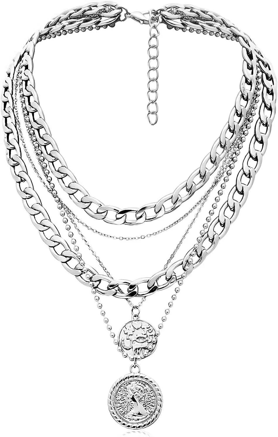 GIGB PBDK Layered Gold Coin Pendant Necklaces for Women Lover,Chunky Cuban Link Chain Choker Necklaces Retro Stackable Silver Necklaces Jewelry Gifts