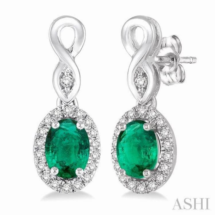 Refined Pieces Cool Layer 5x3 MM Oval Cut Emerald and 1/6 ctw Round Cut Diamond Earrings in 10K White Gold