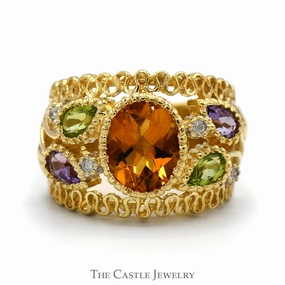 Amazing Decoration Travel Present Oval Citrine Ring with Pear Cut Amethyst and Peridot with Diamond Accents in 14k Yellow Gold