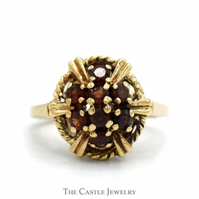 Garnet Cluster Ring with Rope Designed Bezel in 10k Yellow Gold Sturdy Embellishment Timeless Simplicity