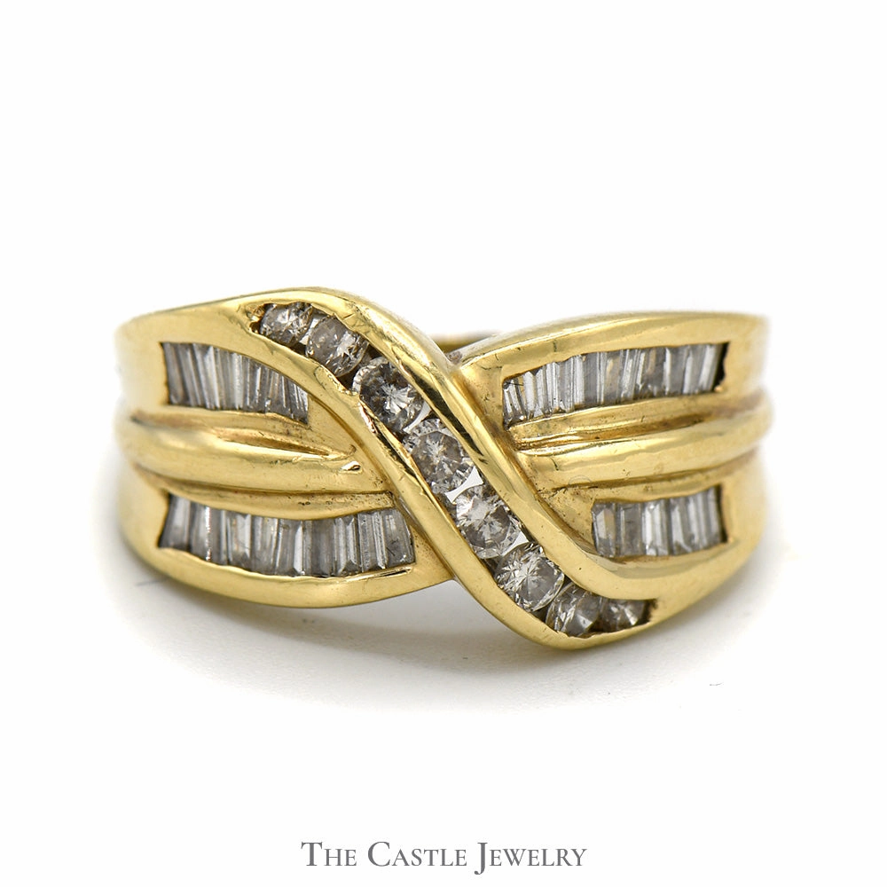 Eternal Work Dashing Accessory 1.5cttw Channel Set Baguette and Round Diamond Crossover Band in 14k Yellow Gold