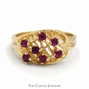 Unique Adornment Premium Style Round Ruby Cluster Ring with Open Floral Design in 14k Yellow Gold