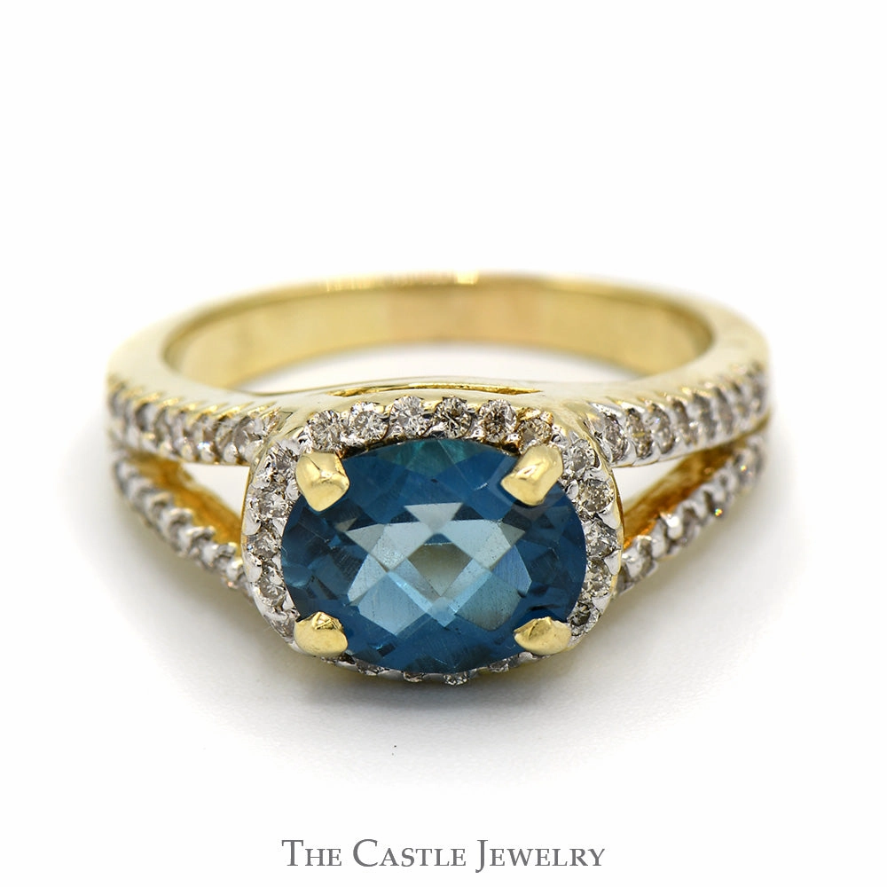 Oval Fantasy Cut Blue Topaz Ring with Diamond Accents in 14k Yellow Gold Split Shank Setting High-End Ornament