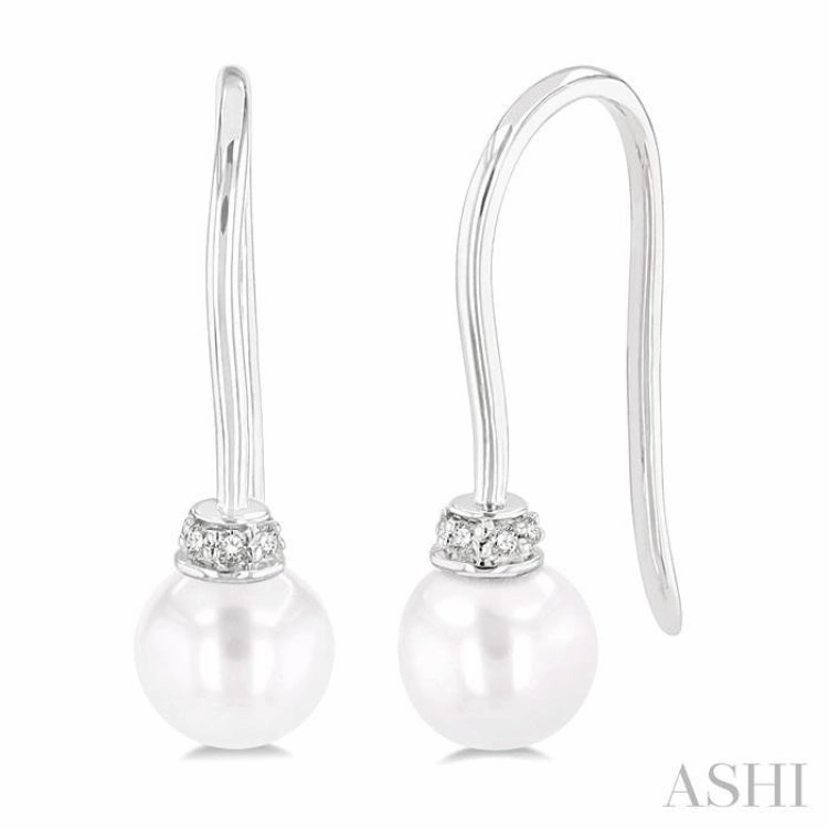 5.5 MM Round Shape Cultured Pearls and 1/20 Ctw Round Cut Diamond Petite Fashion Earring in 10K White Gold Elegant Layer Graceful Edge