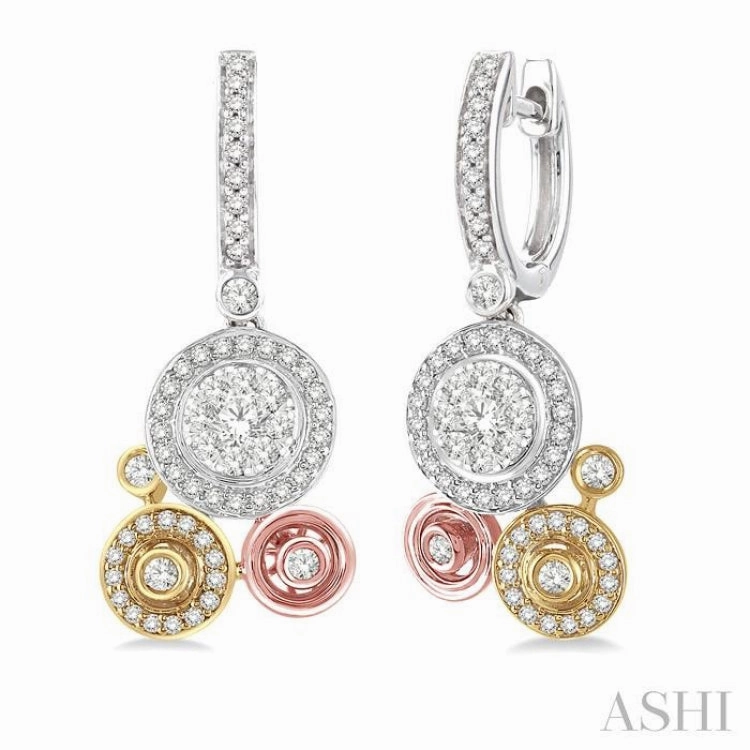 Modern Pair Casual accessory 7/8 ctw Round Cut Diamond Lovebright Fashion Earrings in 14K Tri Color Gold