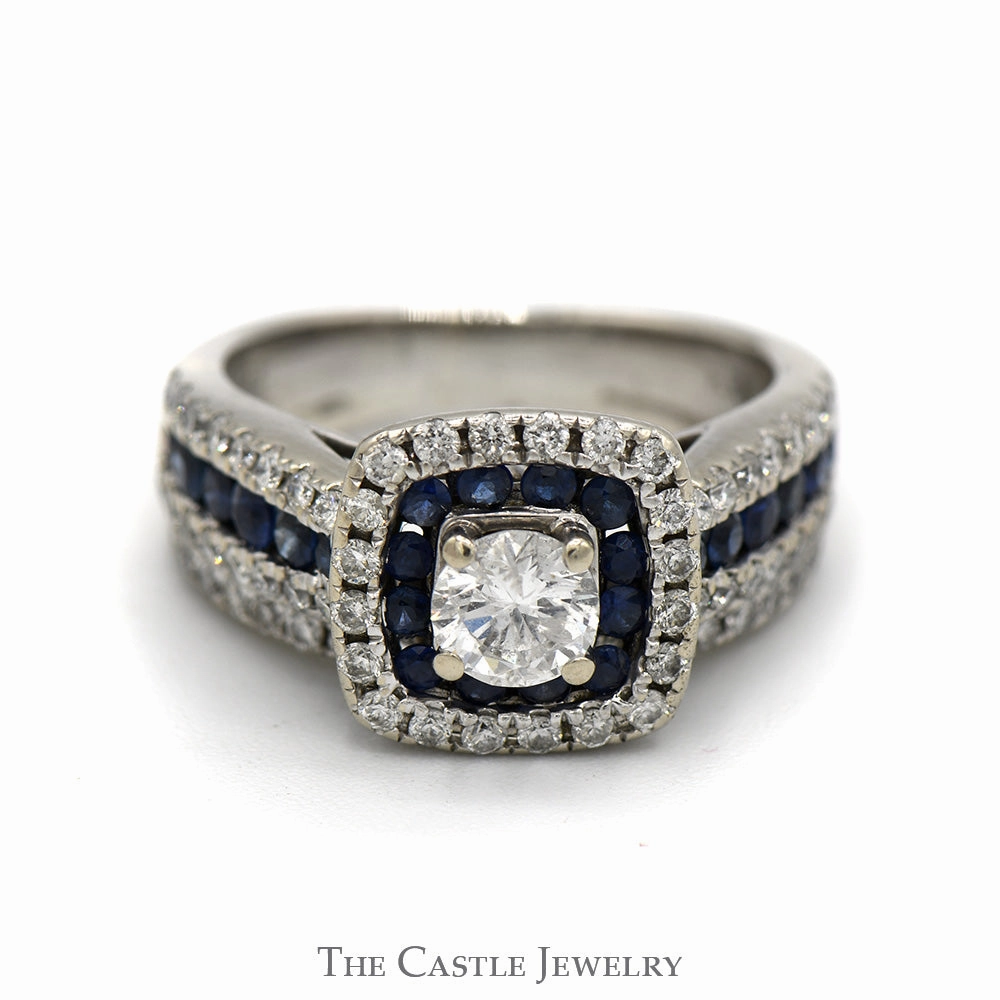 RBC Diamond Bridal Set with Sapphire Halo & Mounting in 14K WG Bold Work