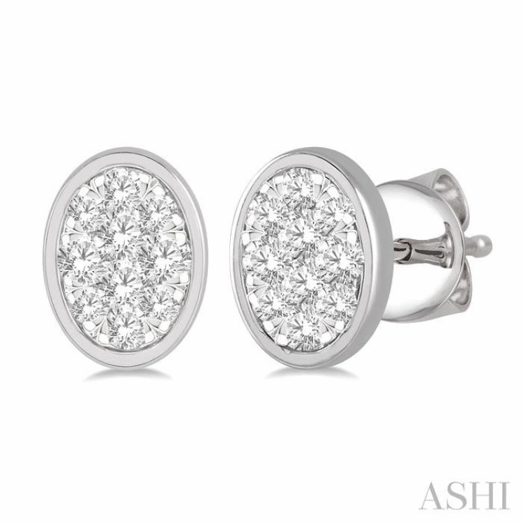 1/3 Ctw Oval Shape Lovebright Round Cut Diamond Bezel Stud Earring in 14K White Gold Elegant Detailing Radiant Gem