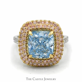 Ornate Art 5ct Fancy Vivid Blue Cushion Cut Lab Grown Diamond Ring with Double Pink Diamond Halo in 14k White & Yellow Gold