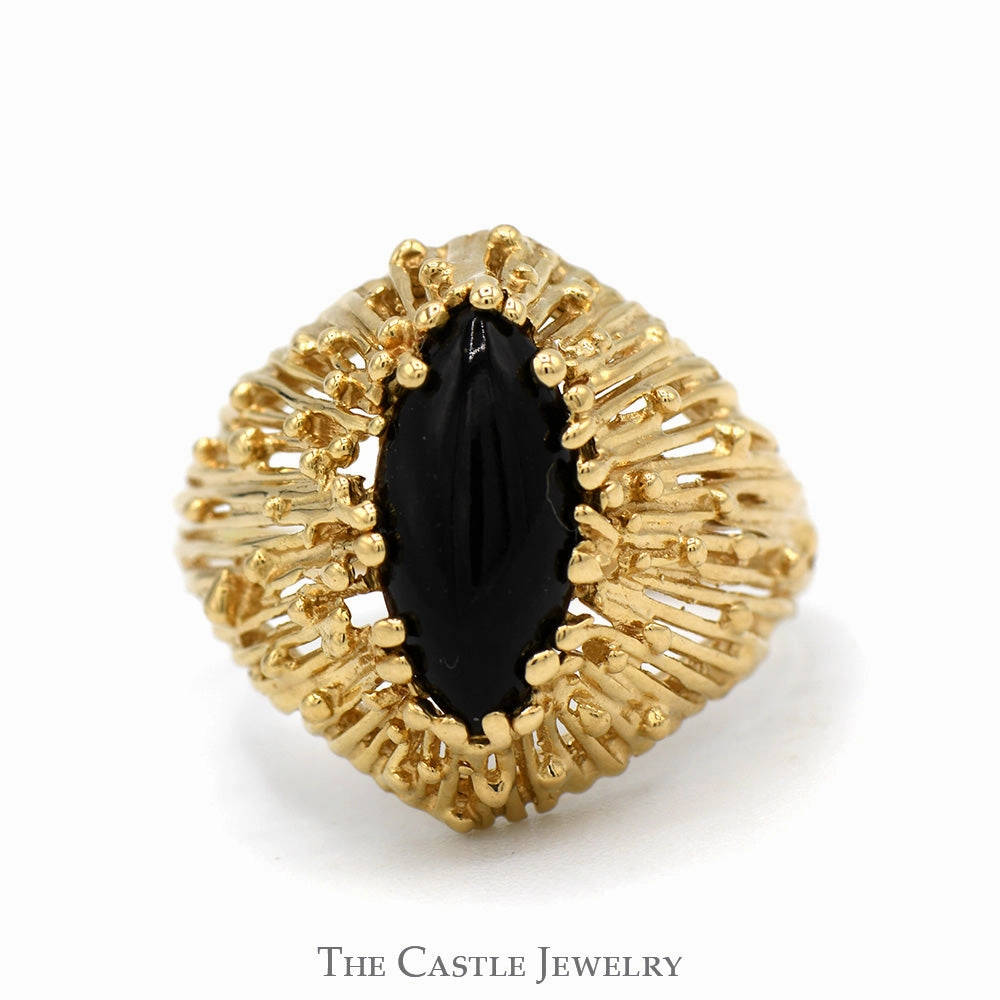 Special Present Marquise Cut Black Onyx Ring with Open Beaded Textured Sides in 14k Yellow Gold