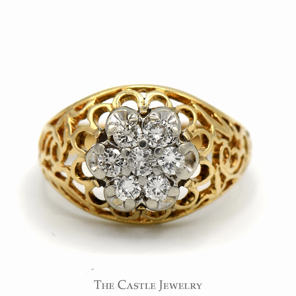 1/2cttw 7 Stone Kentucky Diamond Cluster Ring with Filigree Sides in 14k Yellow Gold Groom Accessory Premium Statement