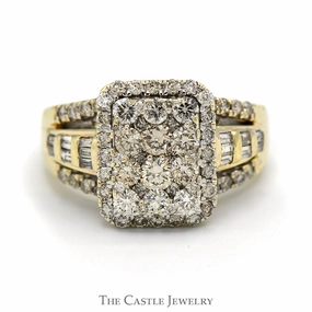 Rectangle Shaped 2cttw Diamond Cluster Ring with Halo and Accents in 10k Yellow Gold Lightweight Touch