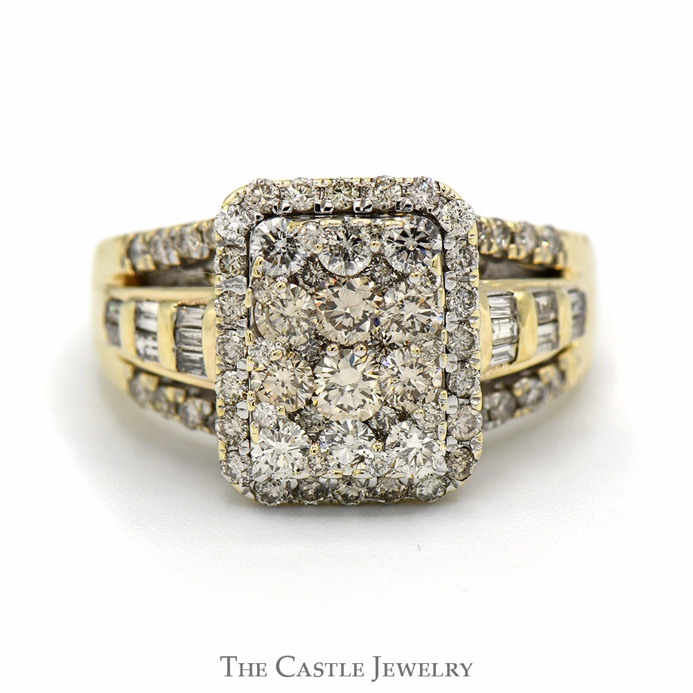 Rectangle Shaped 2cttw Diamond Cluster Ring with Halo and Accents in 10k Yellow Gold Lightweight Touch