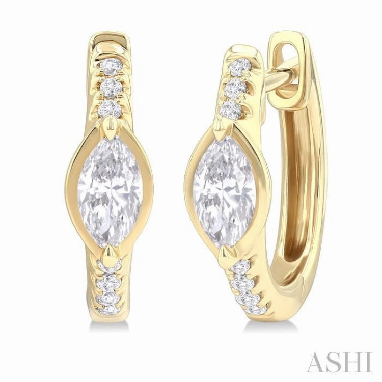 Elegant Creations 1/3 Ctw Marquise Centerpiece and Round Cut Diamond Fashion Huggie Earrings in 14K Yellow Gold