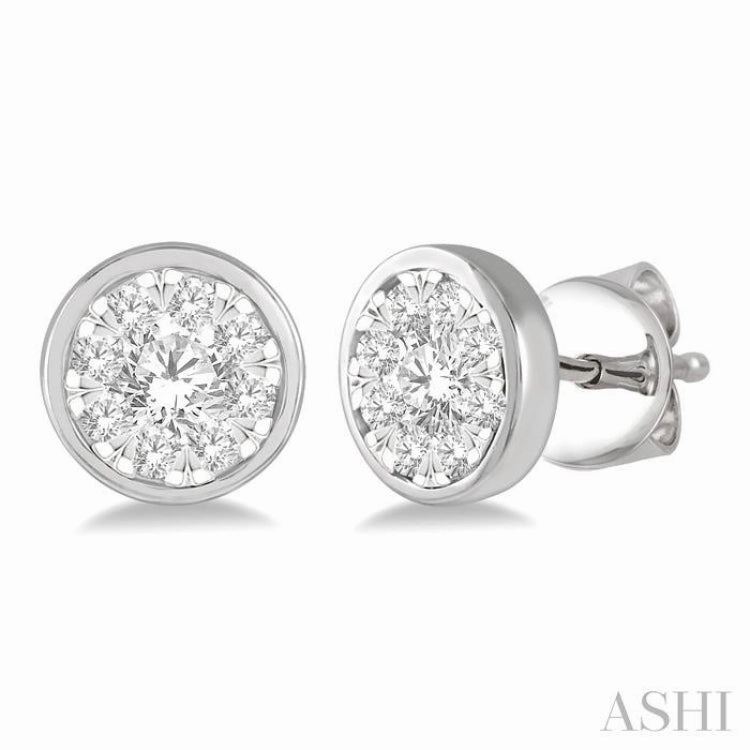 Sleek Shape 1/2 Ctw Medallion Lovebright Round Cut Diamond Bezel Stud Earring in 14K White Gold