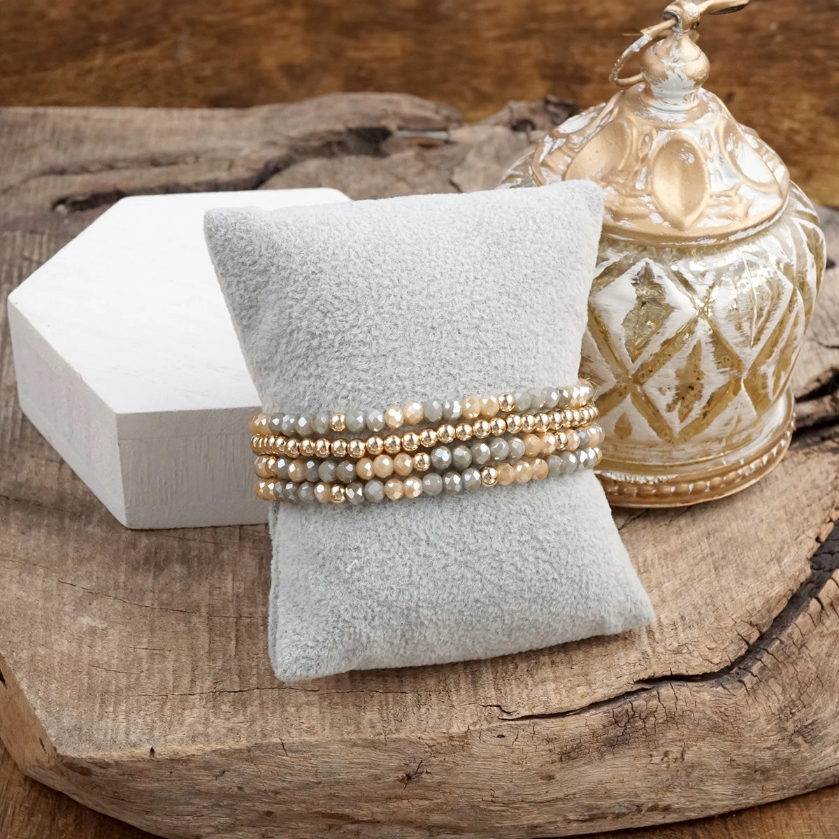 Glass Gleam ?C Set of 4 Faceted Glass & Gold Bead Stretch Bracelets Ruby Class