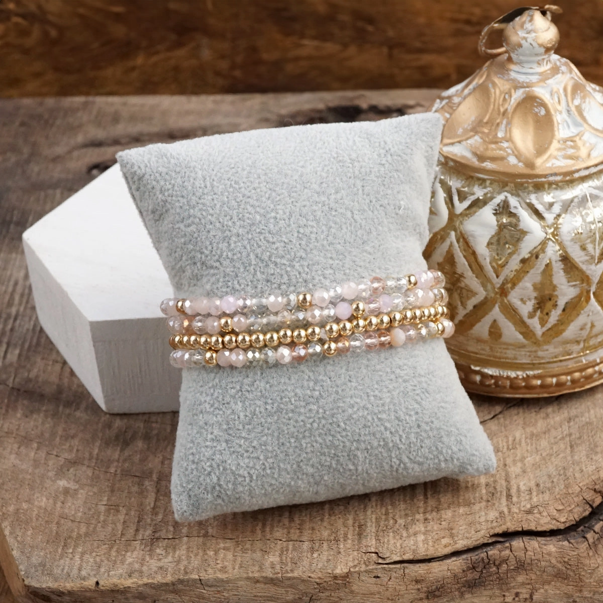 Polished Look Cheerful Amalgamations Glass Gleam ?C Set of 4 Faceted Glass & Gold Bead Stretch Bracelets