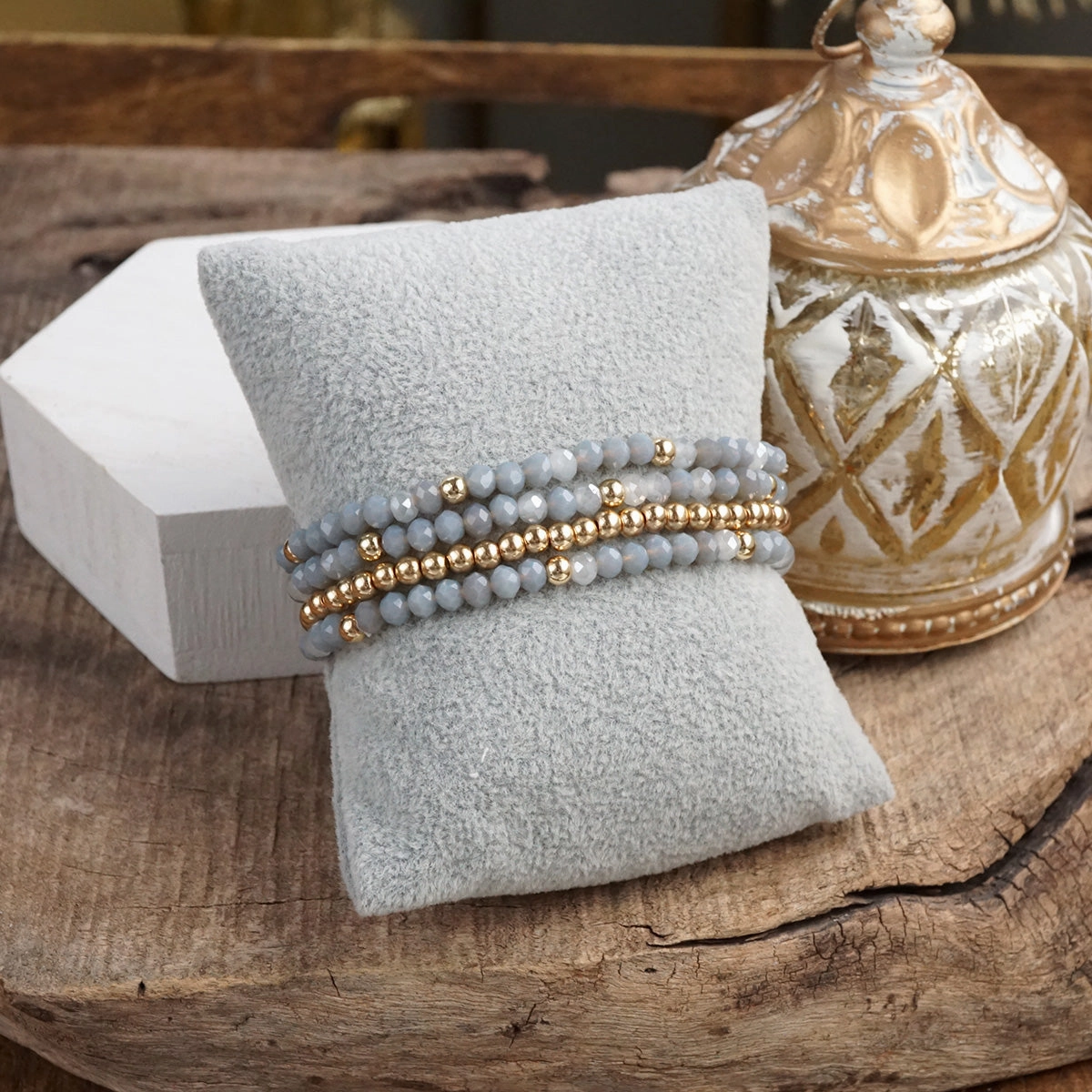 Selling Fast Diverse Selection Glass Gleam ?C Set of 4 Faceted Glass & Gold Bead Stretch Bracelets