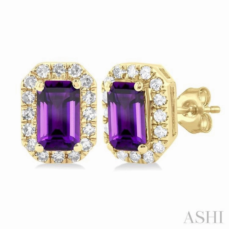 5x3 MM Octagonal Shape Amethyst and 1/8 Ctw Single Cut Diamond Halo Semi-Precious Stud Earrings in 14K Yellow Gold Favorite Accent