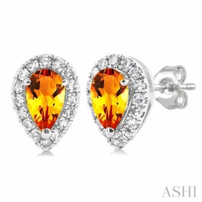 Layered Vibe Everyday Chic 5x3 MM Pear Shape Citrine and 1/8 Ctw Single Cut Diamond Halo Semi-Precious Stud Earrings in 14K White Gold
