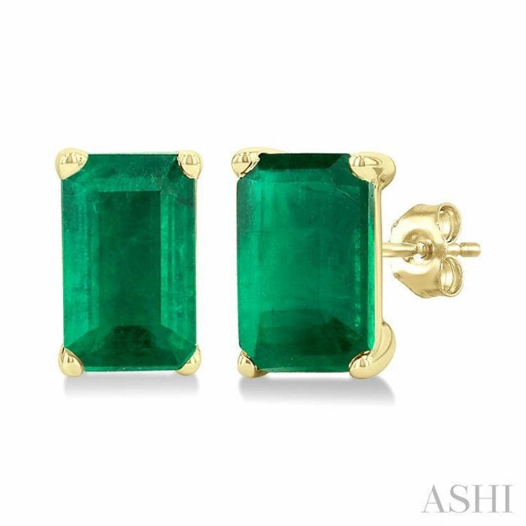 5X3 MM Octagon Shape Emerald Precious Stud Earrings in 14K Yellow Gold Refined Shine