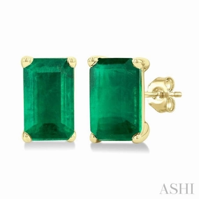 5X3 MM Octagon Shape Emerald Precious Stud Earrings in 14K Yellow Gold Refined Shine