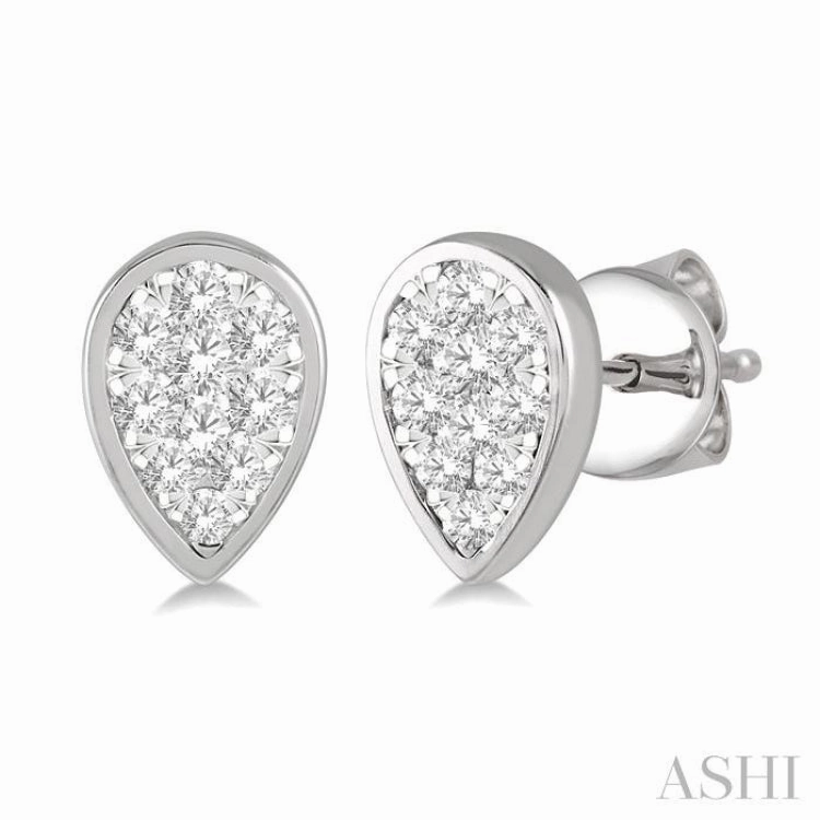 1/3 ctw Pear Shape Lovebright Round Cut Diamond Bezel Stud Earring in 14K White Gold Glow Ready Unique Radiance