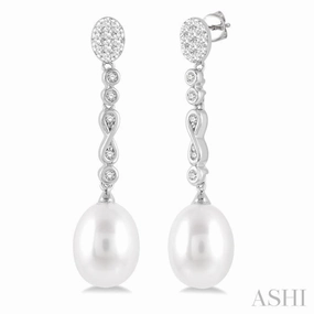 11x8.5 MM Cultured Pearls and 1/4 ctw Round Cut Diamond Drop Hanging Lovebright Earrings in 14K White Gold Fresh Mood