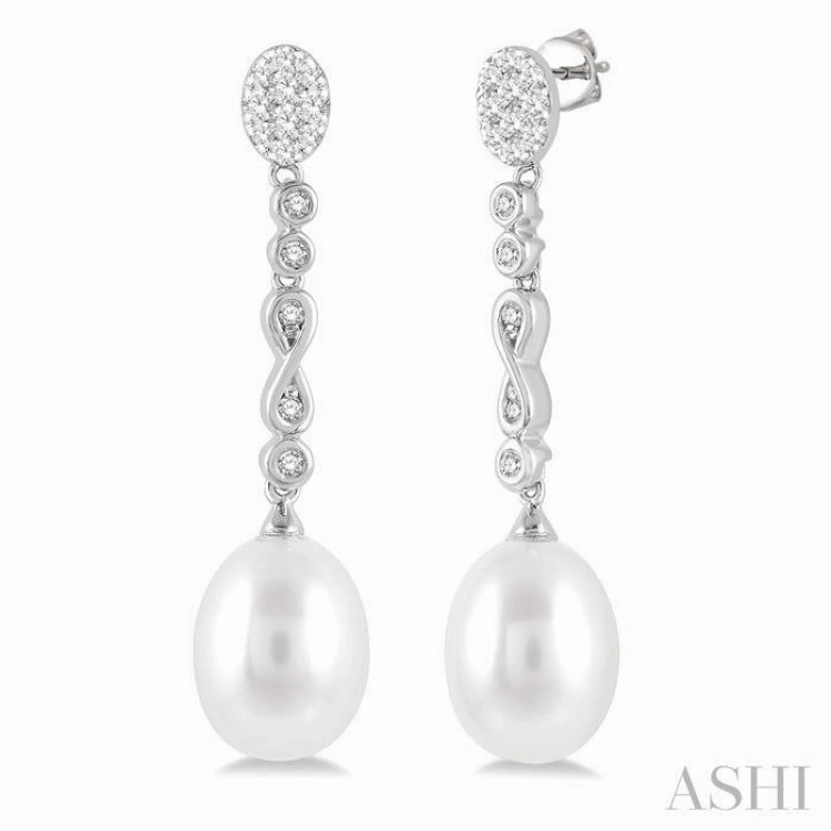 11x8.5 MM Cultured Pearls and 1/4 ctw Round Cut Diamond Drop Hanging Lovebright Earrings in 14K White Gold Fresh Mood