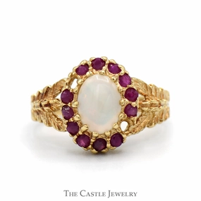 Personal Piece Old World Oval Opal Ring with Ruby Halo in Open Leaf Designed 10k Yellow Gold Setting