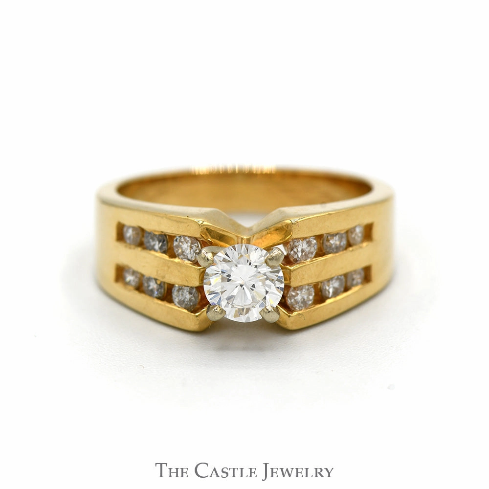 Round Diamond Solitaire Engagement Ring with Channel Set Diamond Sides in 14k Yellow Gold Premium Style