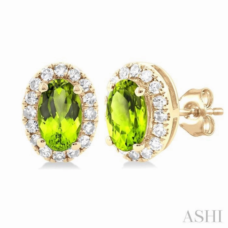 Fashion Must 5x3 MM Oval Shape Peridot and 1/8 Ctw Single Cut Diamond Halo Semi-Precious Stud Earrings in 14K Yellow Gold
