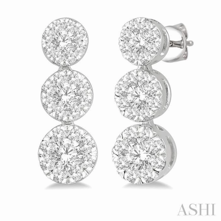 Layering Choice soft look 1/2 Ctw Hanging Triple Mount Lovebright Round Cut Diamond Earring in 14K White Gold