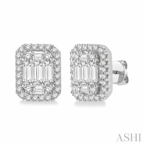 Sleek Detail Minimal Aesthetic 3/8 Ctw Octagonal Baguette & Round Cut Diamond Stud Earrings in 14K White Gold