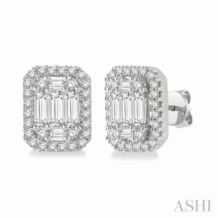 Sleek Detail Minimal Aesthetic 3/8 Ctw Octagonal Baguette & Round Cut Diamond Stud Earrings in 14K White Gold