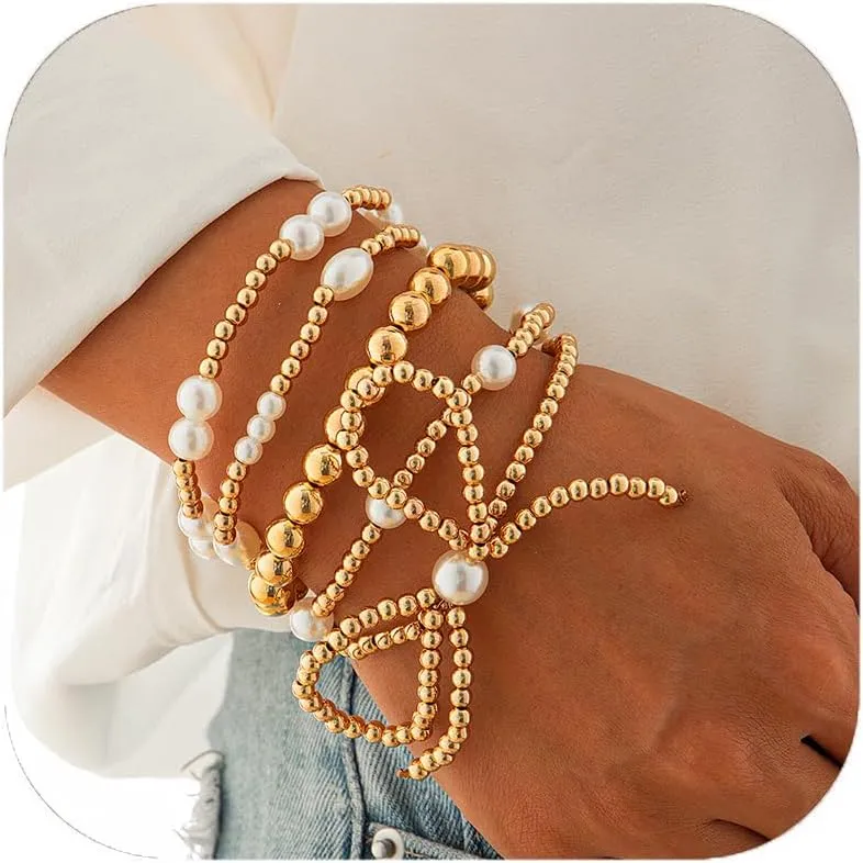 Gold Bow Bracelets for Women - Gold Beaded, Pearl Stackable, Adjustable Bracelets