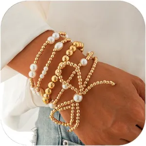 Gold Bow Bracelets for Women - Gold Beaded, Pearl Stackable, Adjustable Bracelets