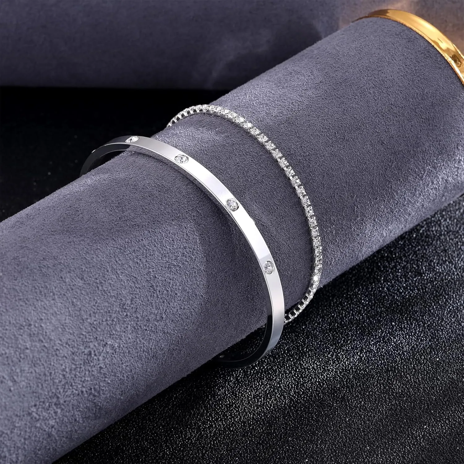 Gold Bracelets for Women, 14k Gold Plated/Silver Cuff Bangle Bracelets for Women Trendy Adjustable Gold/Silver Bangles Cubic Zirconia Tennis Bracelet Set Fashion Jewelry for Women