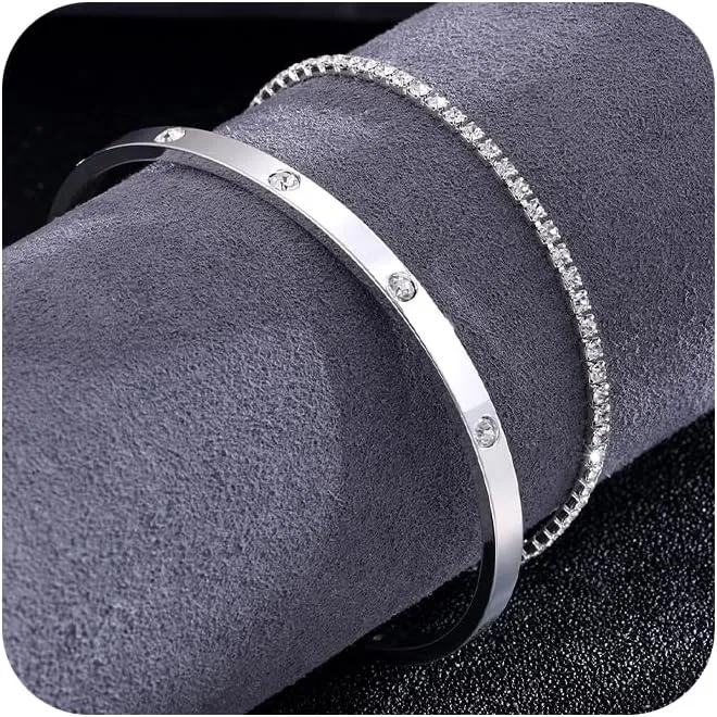 Gold Bracelets for Women, 14k Gold Plated/Silver Cuff Bangle Bracelets for Women Trendy Adjustable Gold/Silver Bangles Cubic Zirconia Tennis Bracelet Set Fashion Jewelry for Women