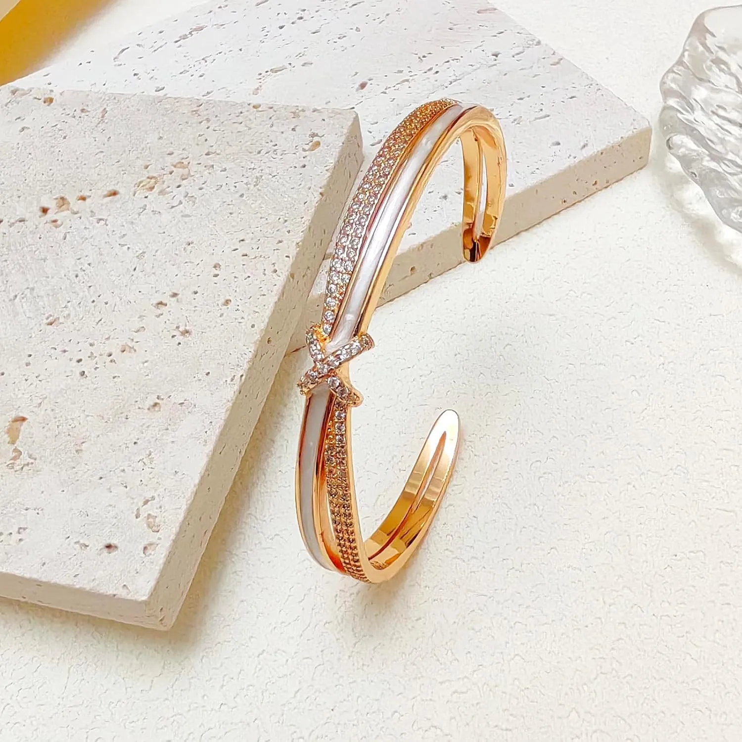 Gold Cuff Bangle Bracelet for Women Personalized Cubic Zirconia Open Bracelets Adjustable Oval Crystal Bangles Bracelets for Her