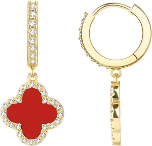 Gold Dangle Earrings for Women 14K Gold Plated Small Huggie Drop Earrings with Clover Charm
