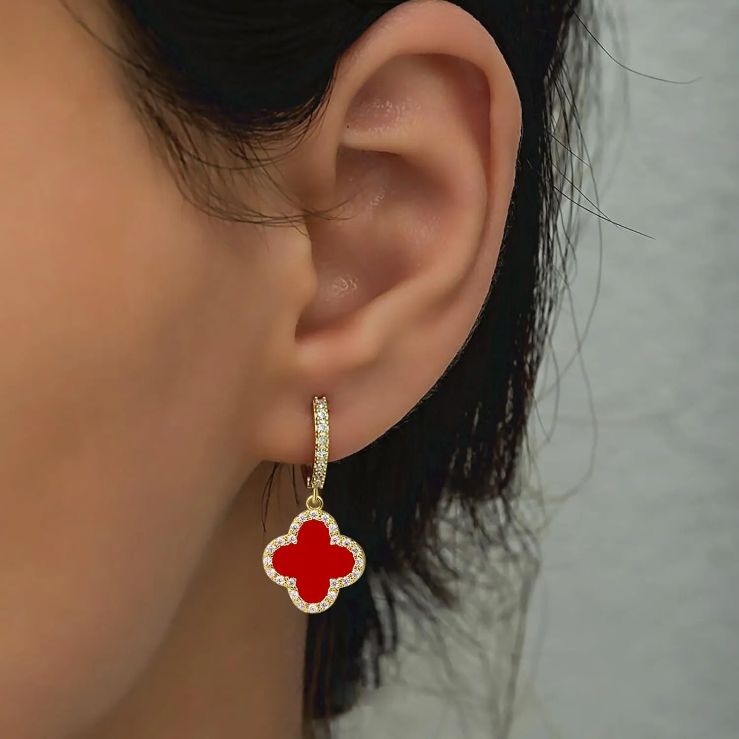 Gold Dangle Earrings for Women 14K Gold Plated Small Huggie Drop Earrings with Clover Charm
