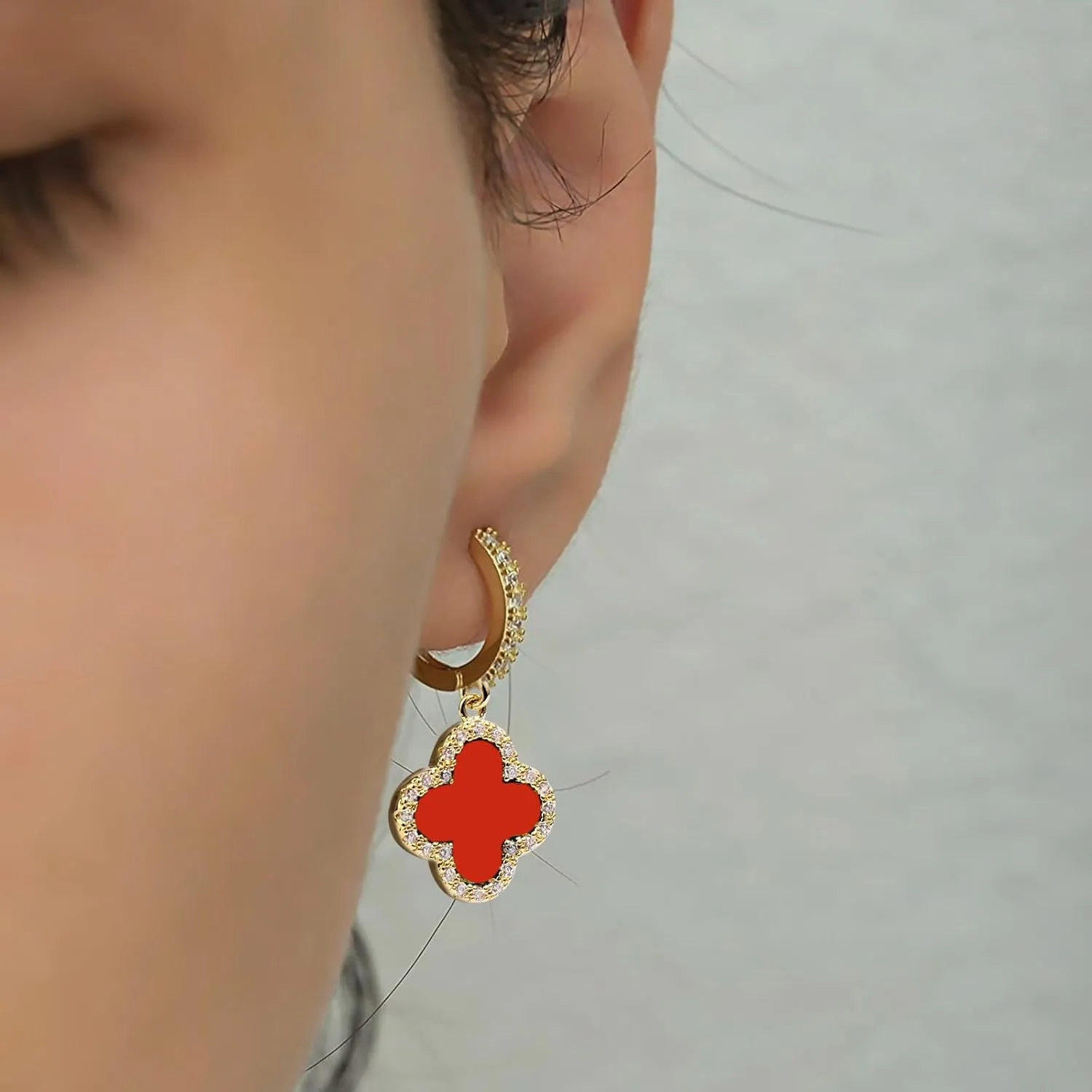 Gold Dangle Earrings for Women 14K Gold Plated Small Huggie Drop Earrings with Clover Charm