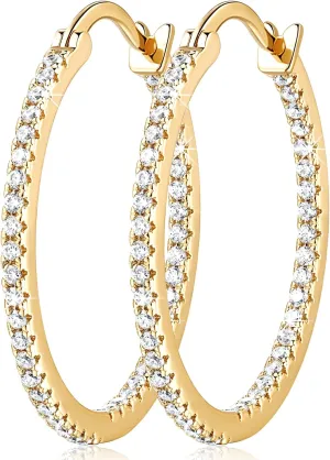Gold Hoop Earrings 14K Gold Hoop Earrings for Women with Dual-sided Cubic Zirconia Hoops Earring for Women Sensitive Ears Hypoallergenic Womens earring 15/20/30/35mm